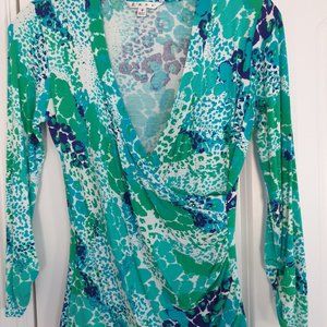 CAbi Womens Green, Blue & White Paisley Surplice Blouse, Size "S"
